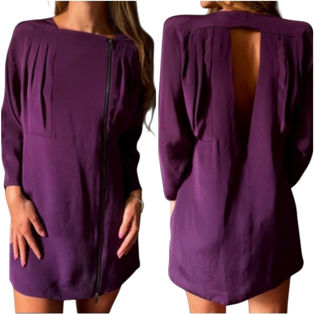 Gucci 100% silk Purple asymmetrical zip Pleated Cutout Elegant Dress Sz 42/Med